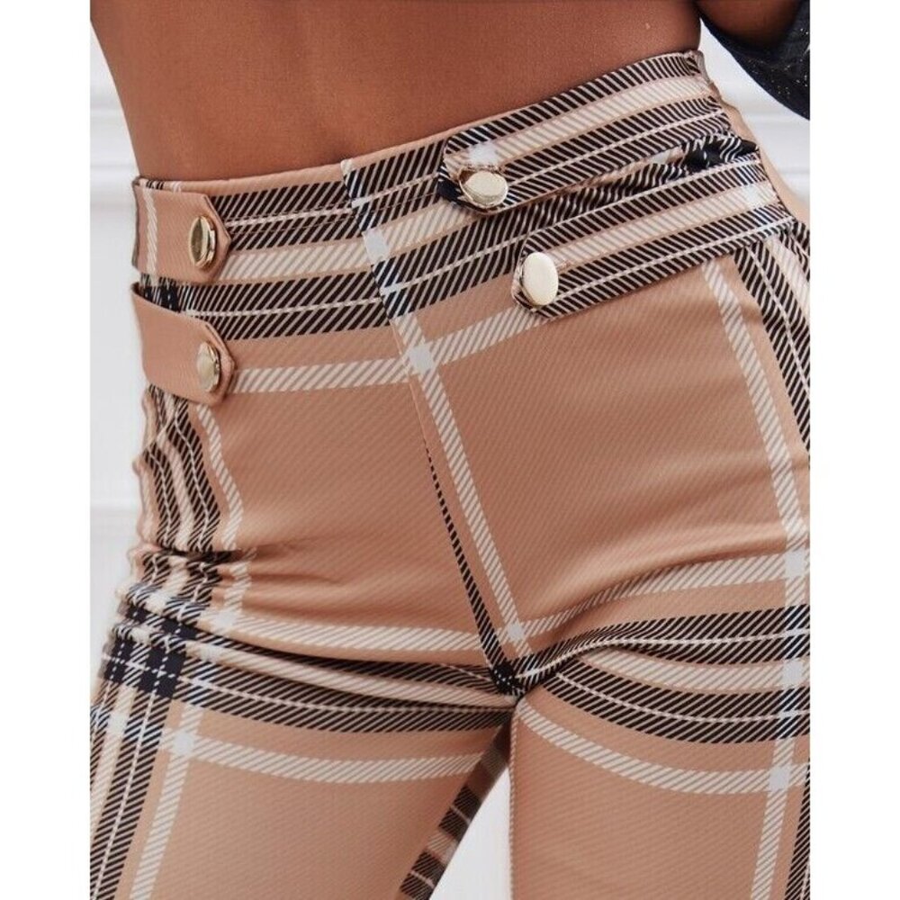 Women Dress Pants Size S Brown Striped Print High Waist Leg Straigth Stretch - Picture 7 of 16